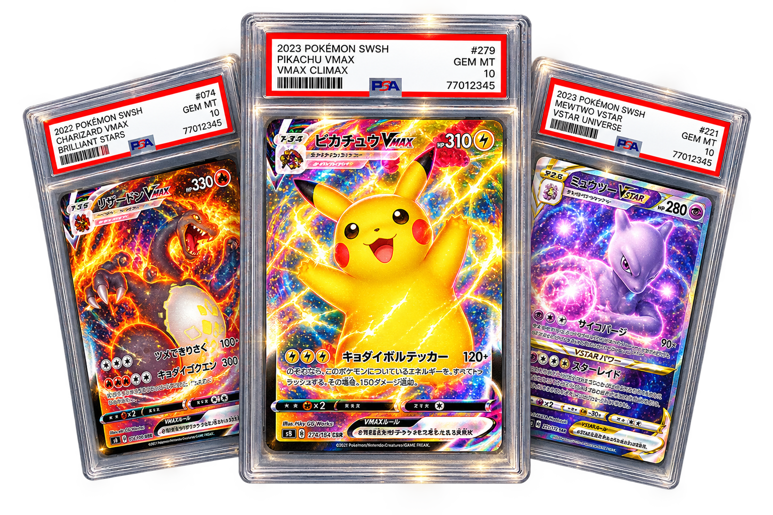 PSA10のピカチュウ、リザードン、ミュウツーのカード